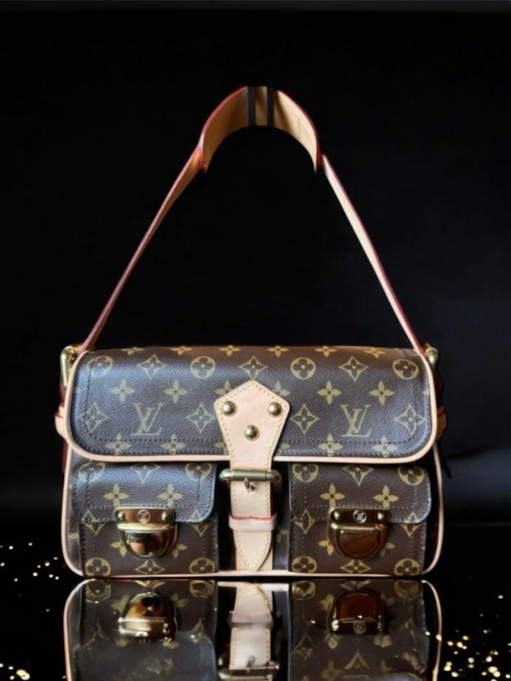 💗VINTAGE LOUIS VUITTON Brown Monogram Hudson PM Shoulder Bag Gold-Tone Hardware